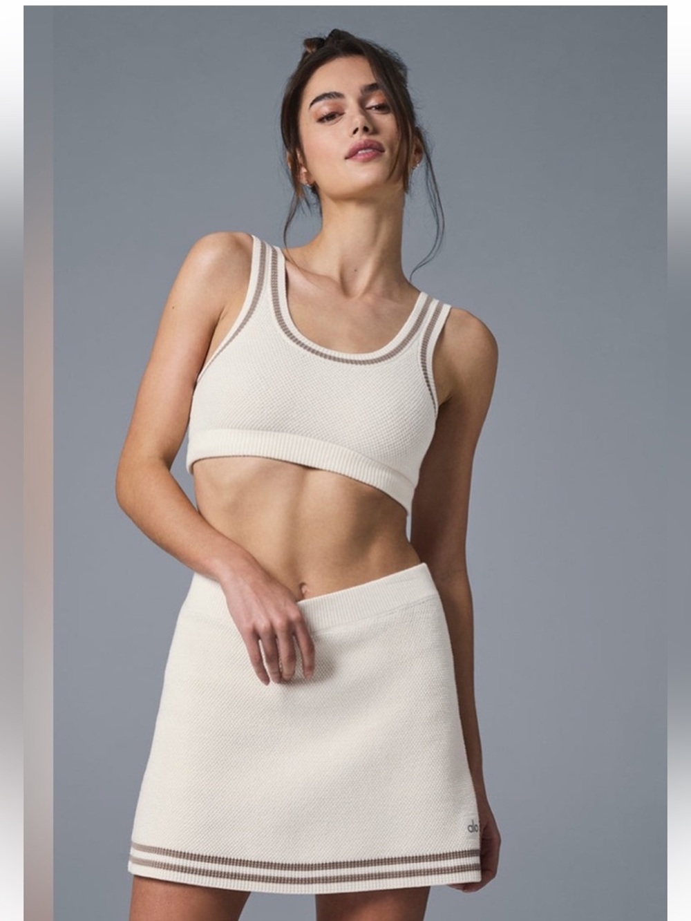 ALO Yoga Cream Knit Racerback Bralette with Taupe Trim
